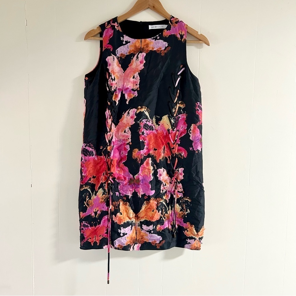 See by Chloe Silk Watercolor Lace Up Dress in Black sz 2